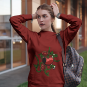 Love Heart Sweatshirt in rich maroon, showcasing a striking red heart entwined with green vines, roses, and a serpent. A bold and meaningful design. | PodLyft