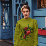 Love Heart Sweatshirt in earthy olive green, with a striking red heart wrapped in green vines, roses, and a serpent—blending strength and beauty. | PodLyft