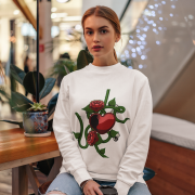 Love Heart Sweatshirt in crisp white, displaying a bold red heart, green vines, roses, and a serpent. A fresh and stylish take on love, strength, and beauty. | PodLyft