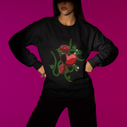 Bold and stylish Love Heart Sweatshirt in black, featuring a striking red heart entwined with green vines, roses, and a serpent—symbolizing love, strength, and beauty. A statement piece for any wardrobe. | PodLyft
