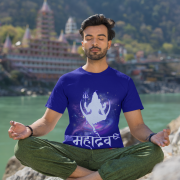 Mahadev Cosmic Energy T-Shirt – Navy Blue Hindu Shiva Tee with Cosmic Universe Design and "महादेव" Hindi Typography – Perfect for Spiritual Wear and Devotees – PodLyft Collection.