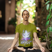Mahadev Cosmic Energy T-Shirt – Olive Green Shiva Tee Showcasing Divine Energy Art and "महादेव" in Hindi – Perfect for Yoga, Meditation, and Devotional Wear – PodLyft Apparel.