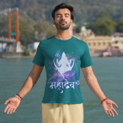 Mahadev Cosmic Energy T-Shirt – Petrol Blue Cosmic Shiva Tee with Universe-Inspired Artwork and "महादेव" Text – Ideal for Meditation, Yoga, and Spiritual Wear – PodLyft Fashion.