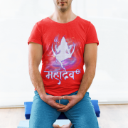 Mahadev Cosmic Energy T-Shirt – Red Hindu Shiva T-Shirt with Cosmic Shiva Design and "महादेव" Calligraphy – Comfortable Devotional Wear for Spiritual Enthusiasts – PodLyft.