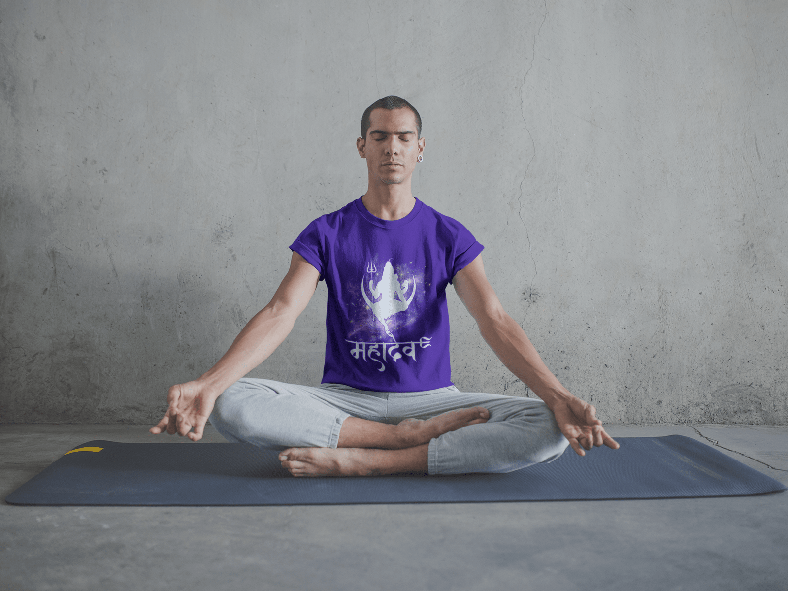 A spiritual and stylish purple Mahadev Cosmic Energy T-shirt featuring a cosmic Lord Shiva silhouette with "महादेव" in Hindi. Perfect for yoga, meditation, and Shiva devotees. High-quality cotton fabric by PodLyft.