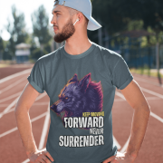 Relentless Wolf Tee in charcoal, decorated with a powerful and motivational wolf design. A rugged and determined style choice. Available at PodLyft.