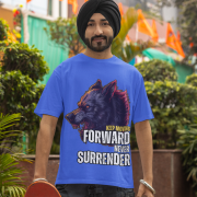 Relentless Wolf Tee in royal blue, decorated with a fierce and motivational wolf design. A commanding and energetic look. Available at PodLyft.