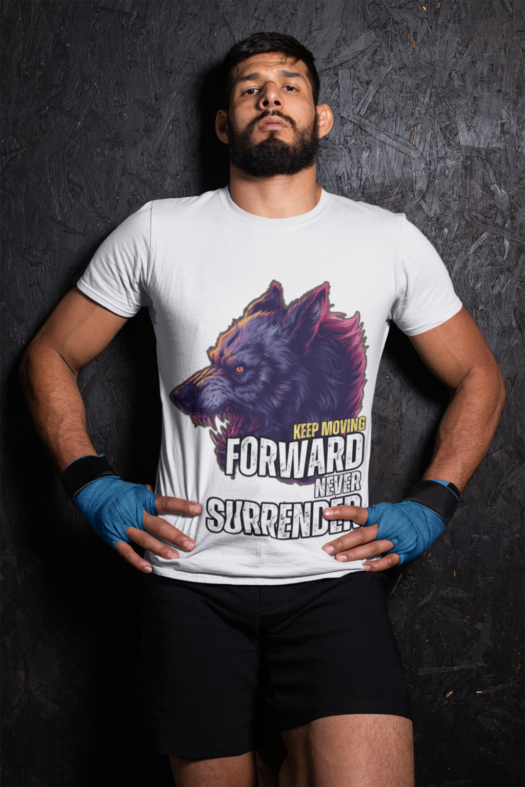 Relentless Wolf Tee in white, featuring a fierce, growling wolf design with bold typography that reads 'Keep Moving Forward, Never Surrender.' A powerful and motivational statement shirt, modeled by a strong athlete against a dark textured background. Available at PodLyft.