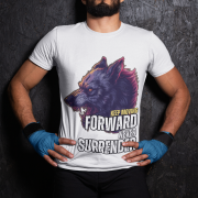 Relentless Wolf Tee in white, featuring a fierce, growling wolf design with bold typography that reads 'Keep Moving Forward, Never Surrender.' A powerful and motivational statement shirt, modeled by a strong athlete against a dark textured background. Available at PodLyft.