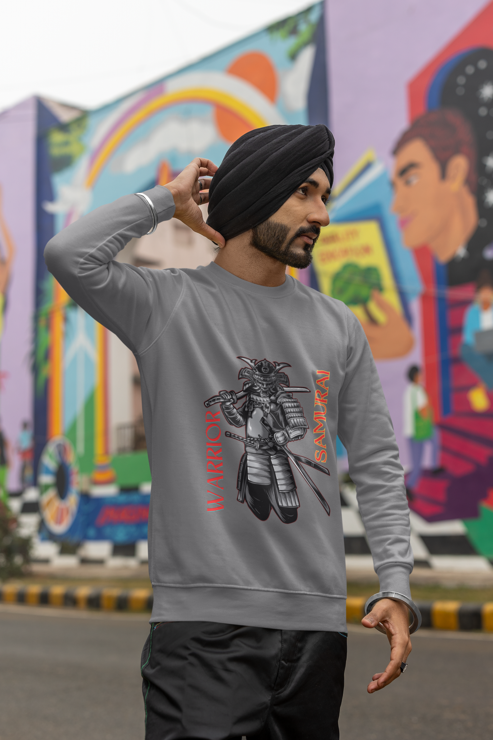 Samurai Warrior Sweatshirt – Grey Crewneck with Fearless Bushido Spirit Samurai Artwork | Classic Warrior Aesthetic | PodLyft