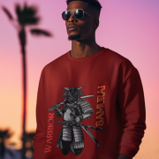 Samurai Warrior Sweatshirt – Maroon Crewneck with Bold Samurai Graphic & Fearless Bushido Spirit Theme | Iconic Warrior Look | PodLyft