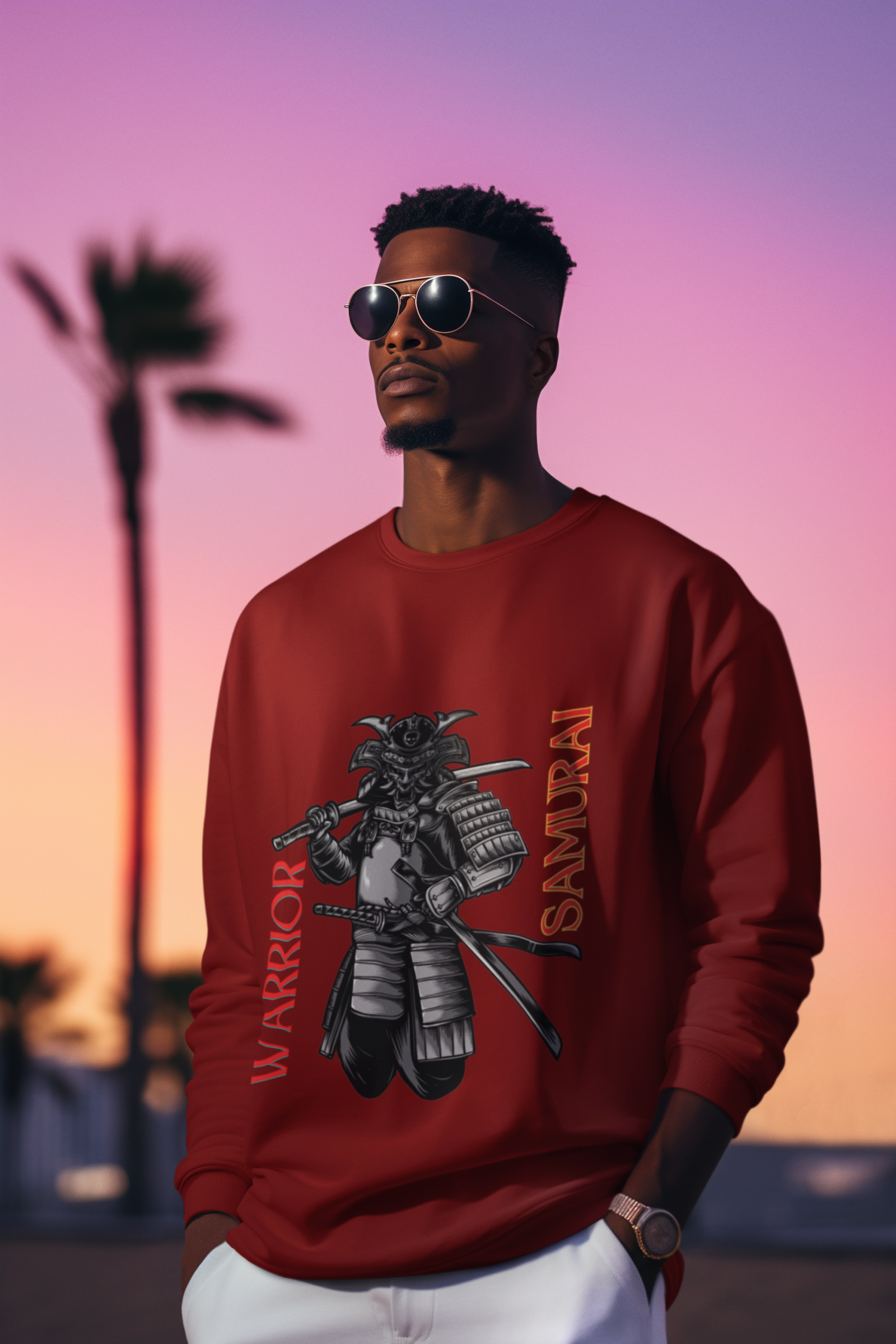 Samurai Warrior Sweatshirt – Maroon Crewneck with Bold Samurai Graphic & Fearless Bushido Spirit Theme | Iconic Warrior Look | PodLyft