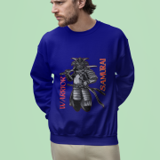 Samurai Warrior Sweatshirt – Navy Blue Crewneck with Fierce Samurai Warrior Illustration & Bushido Spirit Design | PodLyft