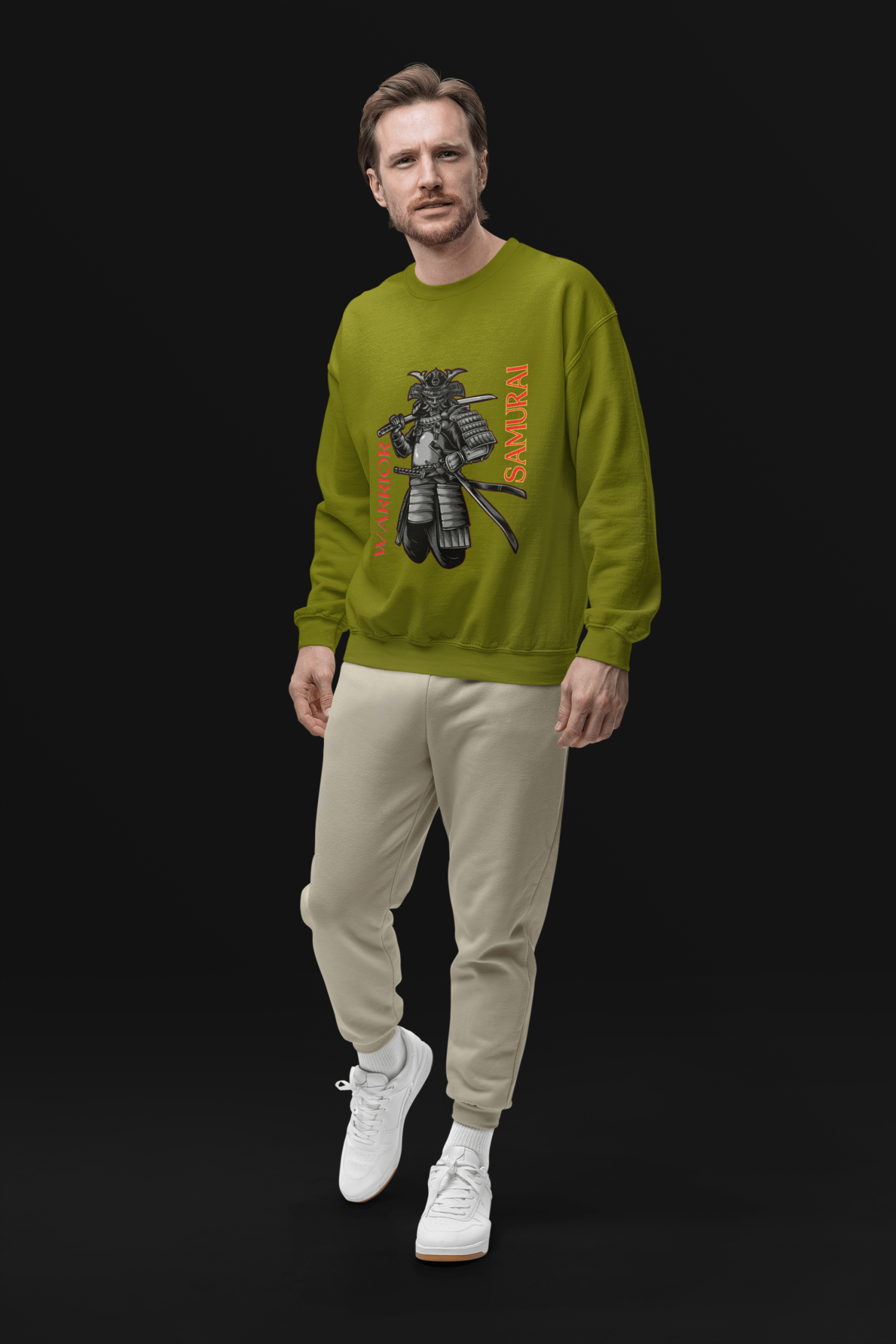 Samurai Warrior Sweatshirt – Olive Green Crewneck Featuring Bushido Spirit Samurai Artwork | Vintage Warrior Aesthetic | PodLyft