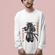 Samurai Warrior Sweatshirt – White Crewneck with Fearless Bushido Spirit Samurai Illustration | Bold & Timeless Warrior Design | PodLyft
