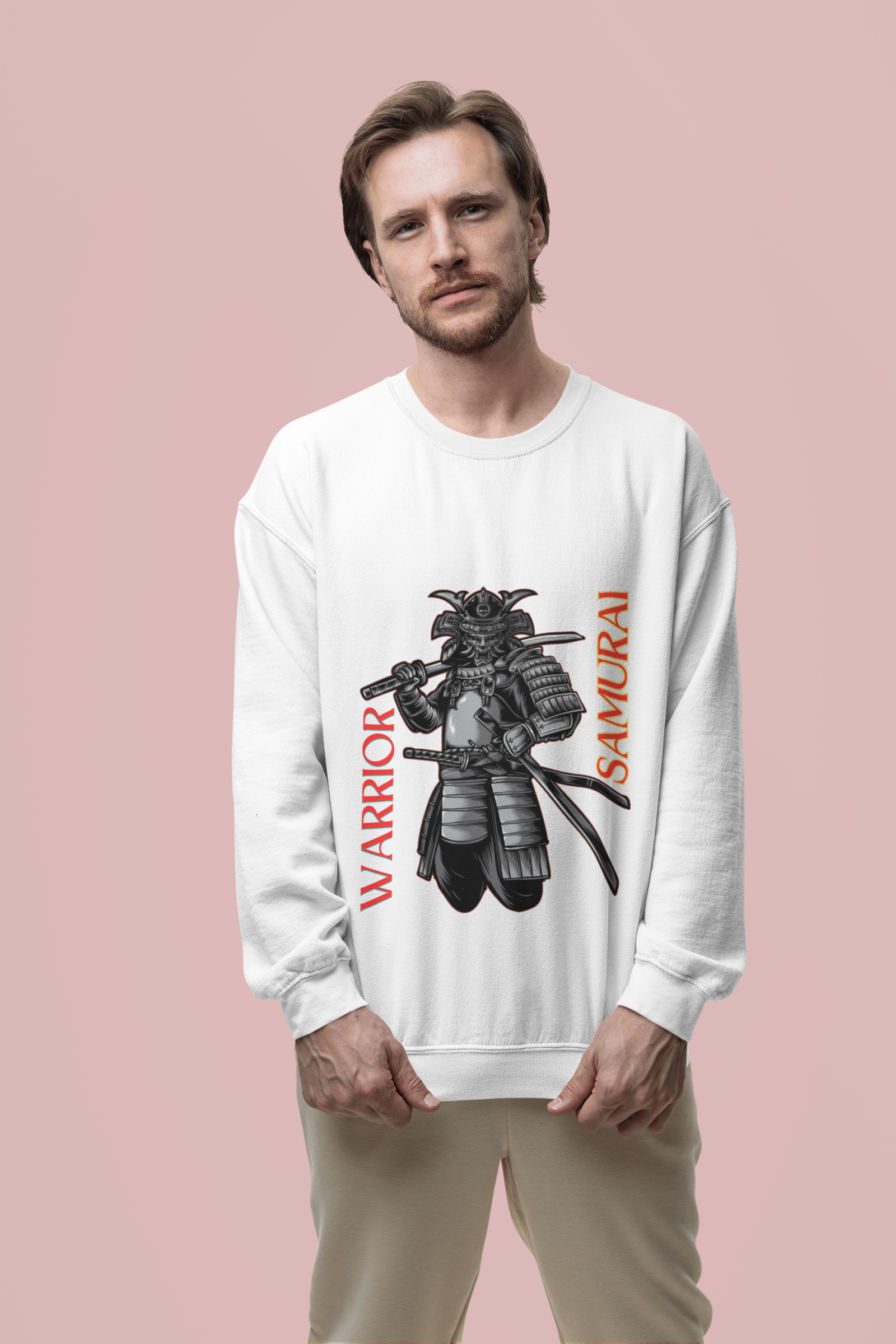 Samurai Warrior Sweatshirt – White Crewneck with Fearless Bushido Spirit Samurai Illustration | Bold & Timeless Warrior Design | PodLyft