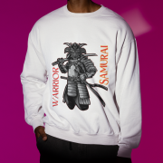 Samurai Warrior Sweatshirt – White Crewneck with Bold Black Samurai Illustration & 'Warrior Samurai' Text | Fearless Bushido Spirit Design | PodLyft