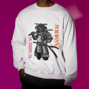 Samurai Warrior Sweatshirt – White Crewneck with Bold Black Samurai Illustration & 'Warrior Samurai' Text | Fearless Bushido Spirit Design | PodLyft