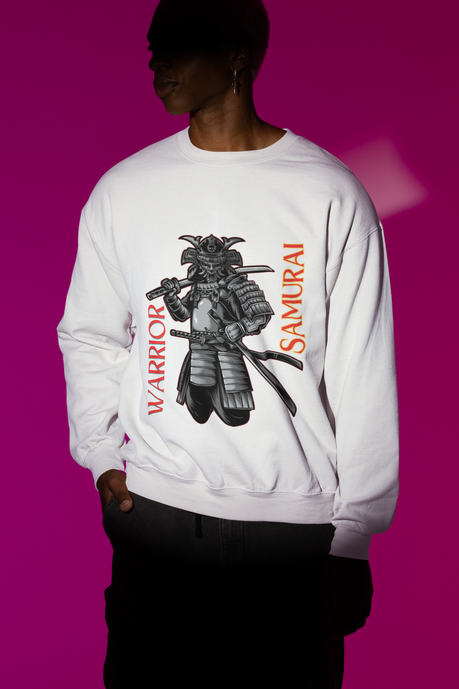 Samurai Warrior Sweatshirt – White Crewneck with Bold Black Samurai Illustration & 'Warrior Samurai' Text | Fearless Bushido Spirit Design | PodLyft