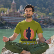 Spiritual Krishna Tee in olive green, showcasing a striking silhouette of Lord Krishna playing the flute, backed by a warm sunset, with 'जय श्रीकृष्ण' written below. A serene and spiritual t-shirt.