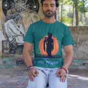 Spiritual Krishna Tee in petrol blue, designed with a captivating silhouette of Lord Krishna against a glowing sunset, featuring 'जय श्रीकृष्ण' for a divine touch.