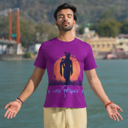 Spiritual Krishna Tee in purple, highlighting a bold and artistic depiction of Lord Krishna playing the flute, set against a divine sunset, with 'जय श्रीकृष्ण' text. Ideal for meditation and devotion."