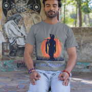 Spiritual Krishna Tee in steel grey, showcasing a soulful silhouette of Lord Krishna playing the flute, backed by a warm sunset, and 'जय श्रीकृष्ण' in Hindi. A divine blend of art and faith.