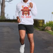 Men’s Fire Demon Samurai Hoodie by PodLyft in lavender, on a mannequin, featuring a bold red and orange samurai helmet design with a demonic face and 'FIRE DEMON' text, displayed in a modern store with blurred clothing racks in the background.