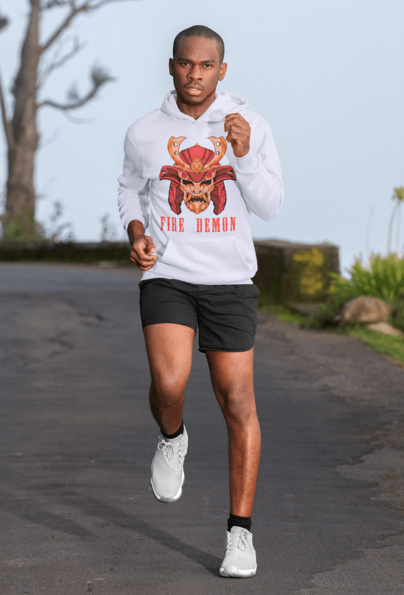 Men’s Fire Demon Samurai Hoodie by PodLyft in lavender, on a mannequin, featuring a bold red and orange samurai helmet design with a demonic face and 'FIRE DEMON' text, displayed in a modern store with blurred clothing racks in the background.