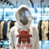 Men’s Fire Demon Samurai Hoodie by PodLyft on a mannequin, white fabric with a bold red and orange samurai helmet design featuring a demonic face and 'FIRE DEMON' text, displayed in a modern store with blurred clothing racks in the background.