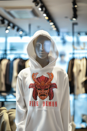 Men’s Fire Demon Samurai Hoodie by PodLyft on a mannequin, white fabric with a bold red and orange samurai helmet design featuring a demonic face and 'FIRE DEMON' text, displayed in a modern store with blurred clothing racks in the background.