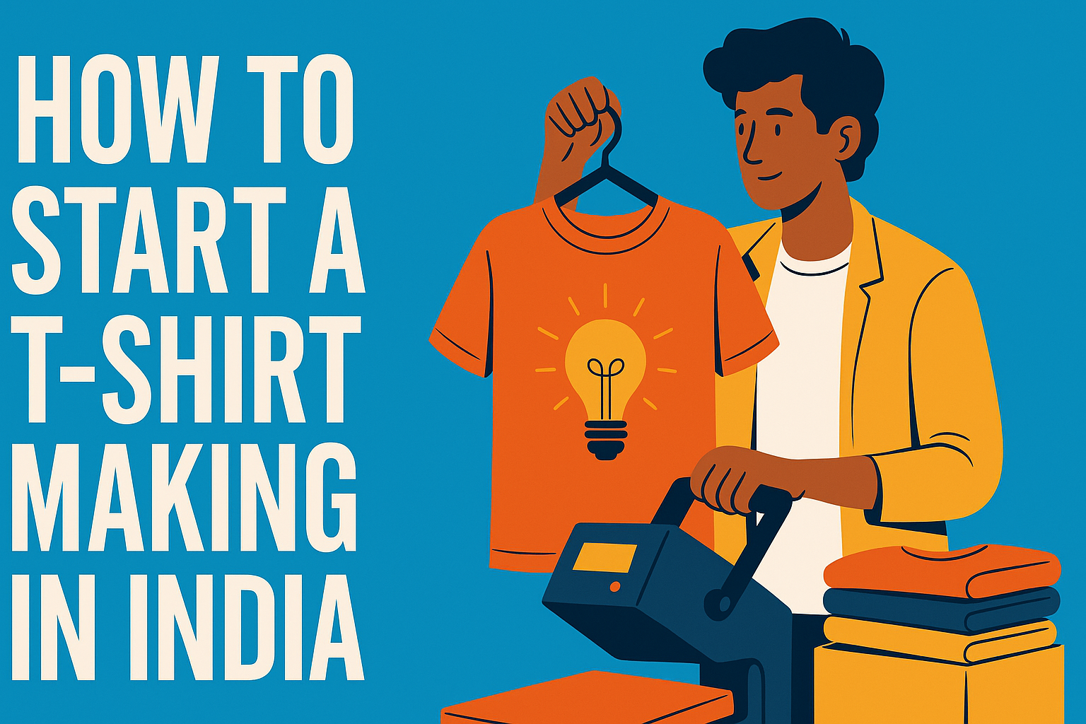 How to Start a T-shirt Making Business in India: The Complete Guide 1 Illustration of a young Indian man using a heat press to make a custom T-shirt, with bold text reading ‘How to Start a T-shirt Making Business in India’ on a blue background.