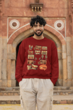 A maroon men's 90s Retro Sweatshirt from PodLyft, showcasing a vibrant nostalgic design with 1990s-inspired graphics, combining retro aesthetics with modern comfort.