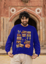 A navy blue men's 90s Retro Sweatshirt from PodLyft, adorned with a striking nostalgic design reflecting 1990s pop culture, offering a cozy and stylish fit.