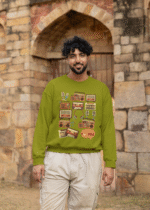 An olive green men's 90s Retro Sweatshirt from PodLyft, featuring a dynamic nostalgic design with 1990s-themed graphics, blending retro vibes with everyday wearability.