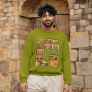 An olive green men's 90s Retro Sweatshirt from PodLyft, featuring a dynamic nostalgic design with 1990s-themed graphics, blending retro vibes with everyday wearability.
