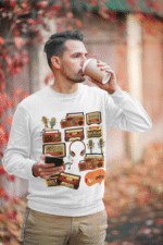 A white men's 90s Retro Sweatshirt from PodLyft, displaying a vivid nostalgic design inspired by 1990s trends, designed for a comfortable and trendy look.