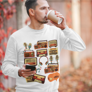 A white men's 90s Retro Sweatshirt from PodLyft, displaying a vivid nostalgic design inspired by 1990s trends, designed for a comfortable and trendy look.