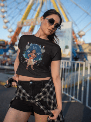 A black Be True to You Crop Top for women by PodLyft, featuring the Bold & Shine design, displayed against a white background.