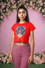 A red Be True to You Crop Top for women by PodLyft, featuring the Bold & Shine design, displayed against a white background.