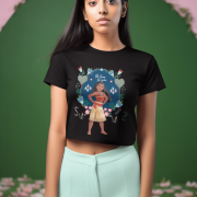 Woman wearing a black Be true to you crop top with a Moana illustration by PodLyft