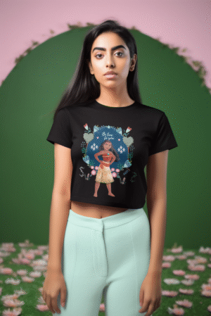 Woman wearing a black Be true to you crop top with a Moana illustration by PodLyft