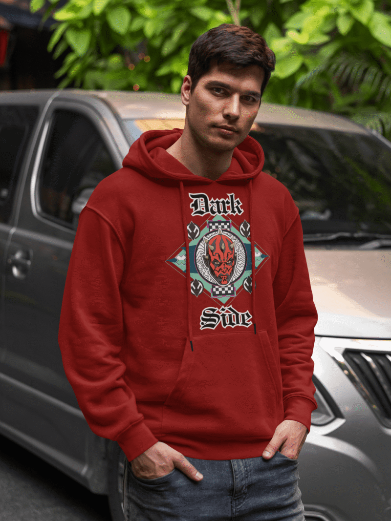 Maroon Star Wars Darth Maul hoodie by PodLyft — premium cotton fleece with fierce red-and-black Sith Lord illustration.
