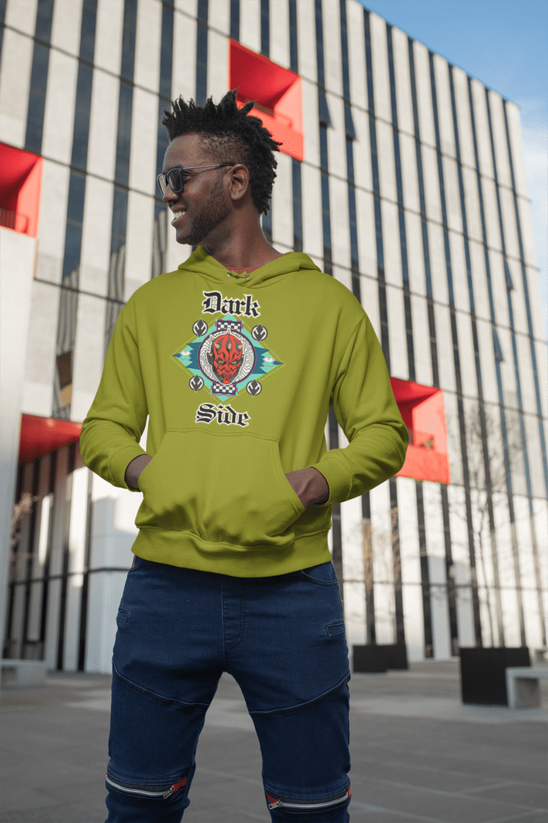 Olive green Darth Maul hoodie — Official Star Wars Edition from PodLyft, showcasing iconic Sith imagery on ultra-soft fleece cotton.