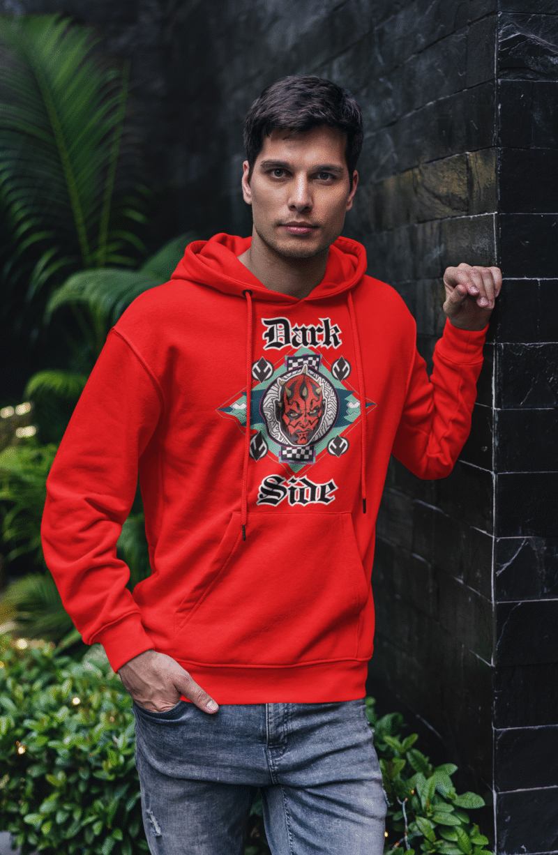 Red hoodie with Darth Maul design — Official Star Wars Edition by PodLyft, bold dark side artwork on rich red brushed fleece.