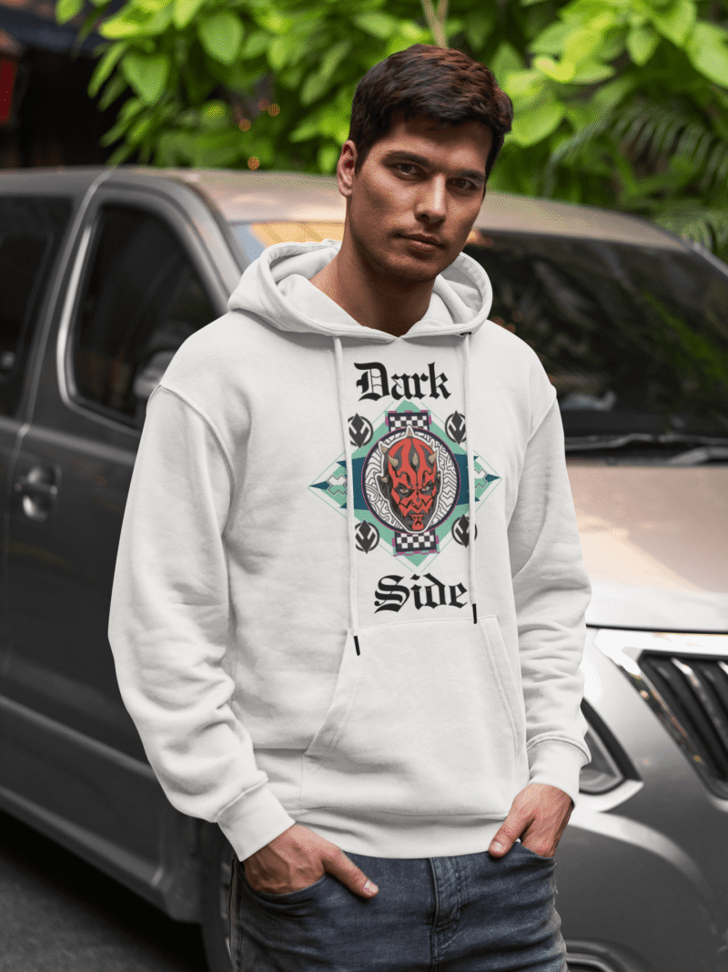 White hoodie featuring Darth Maul — Official Star Wars Edition by PodLyft, crisp design on soft fleece cotton with vivid contrast print.