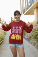 A maroon Girl's Sweatshirt for Besties - Friendship Edition from PodLyft, adorned with a vibrant design highlighting friendship through bold graphics and text, perfect for a stylish, comfy fit.
