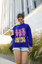 A navy blue Girl's Sweatshirt for Besties - Friendship Edition from PodLyft, displaying a heartfelt design with friendship-inspired graphics and text, offering a snug and fashionable vibe.