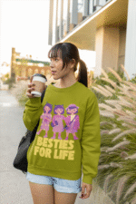 An olive green Girl's Sweatshirt for Besties - Friendship Edition from PodLyft, featuring a unique design with friendship-centric graphics and text, combining comfort with a cool, casual style.