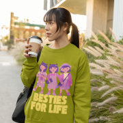 An olive green Girl's Sweatshirt for Besties - Friendship Edition from PodLyft, featuring a unique design with friendship-centric graphics and text, combining comfort with a cool, casual style.